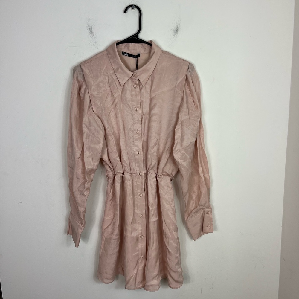 NWT Zara‎ Pink Satin Button-Up Dress Sz S